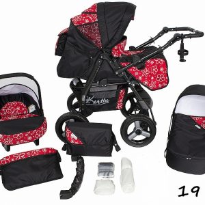 Carucior 3 in 1 Kerttu Twist-R 19 negru cu rosu si flori