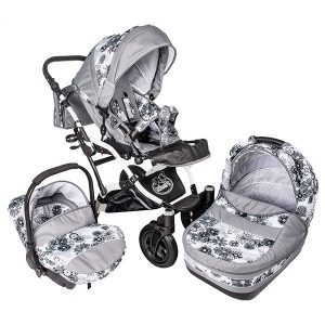 Carucior 3 in 1 Dalia Lux alb cu floricele gri