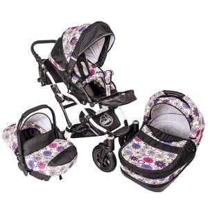 Carucior 3 in 1 Dalia Lux cu floricele mov cu alb