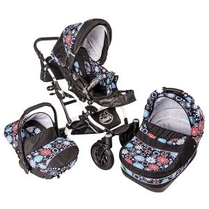 Carucior 3 in 1 Dalia Lux negru cu floricele albastre