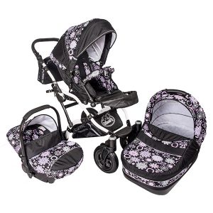 Carucior 3 in 1 Dalia Lux negru cu floricele mov